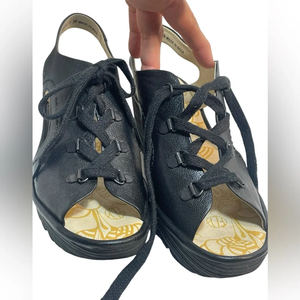 FLY London Ylfa Black Lace-Up Leather Wedge Sandals Women’s Size EUR 39 US 8-8.5